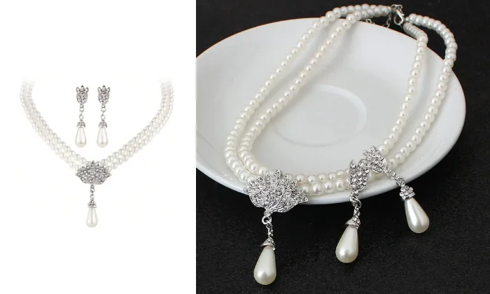 2 Piece Luxury Elegant Pearl Necklace Earrings Set