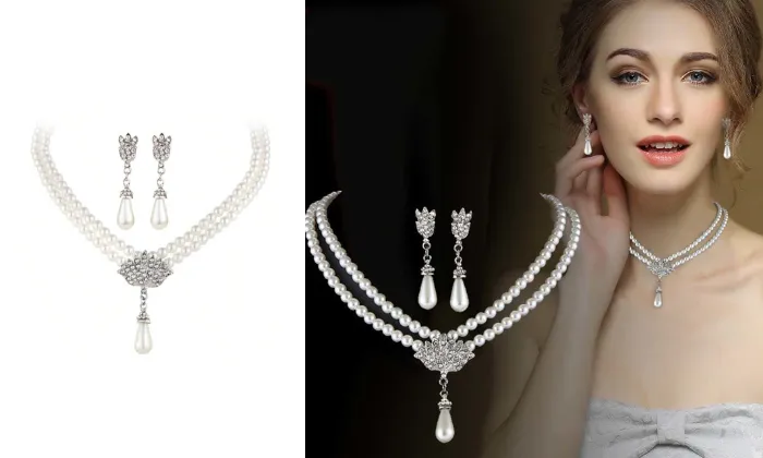 2 Piece Luxury Elegant Pearl Necklace Earrings Set