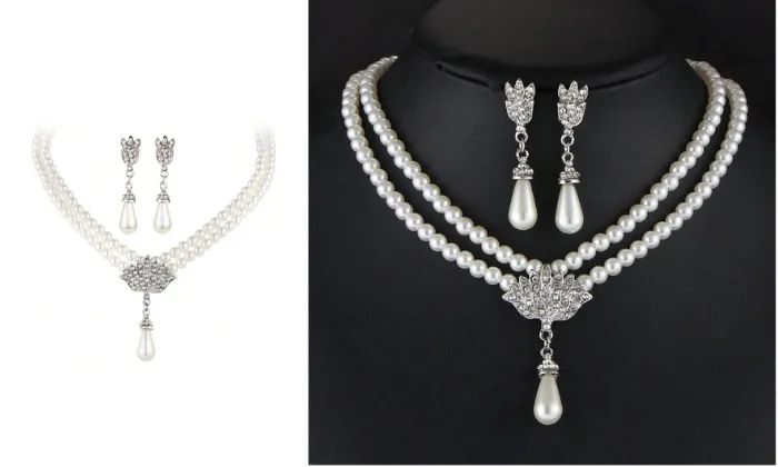 2 Piece Luxury Elegant Pearl Necklace Earrings Set