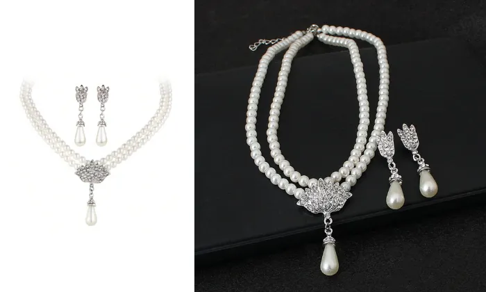 2 Piece Luxury Elegant Pearl Necklace Earrings Set