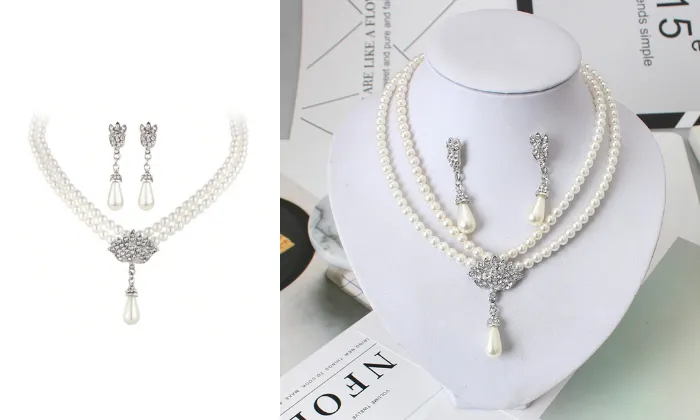 2 Piece Luxury Elegant Pearl Necklace Earrings Set