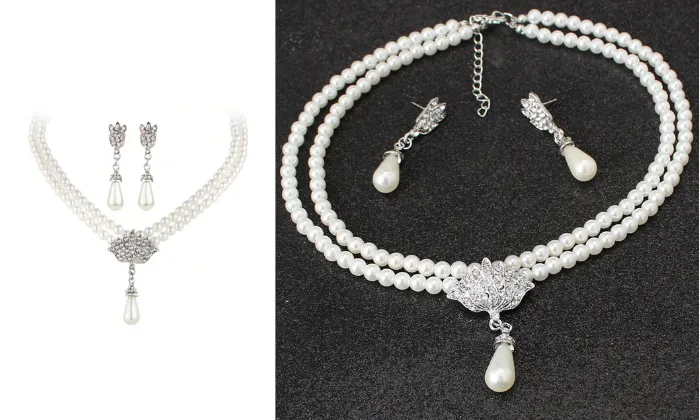 2 Piece Luxury Elegant Pearl Necklace Earrings Set