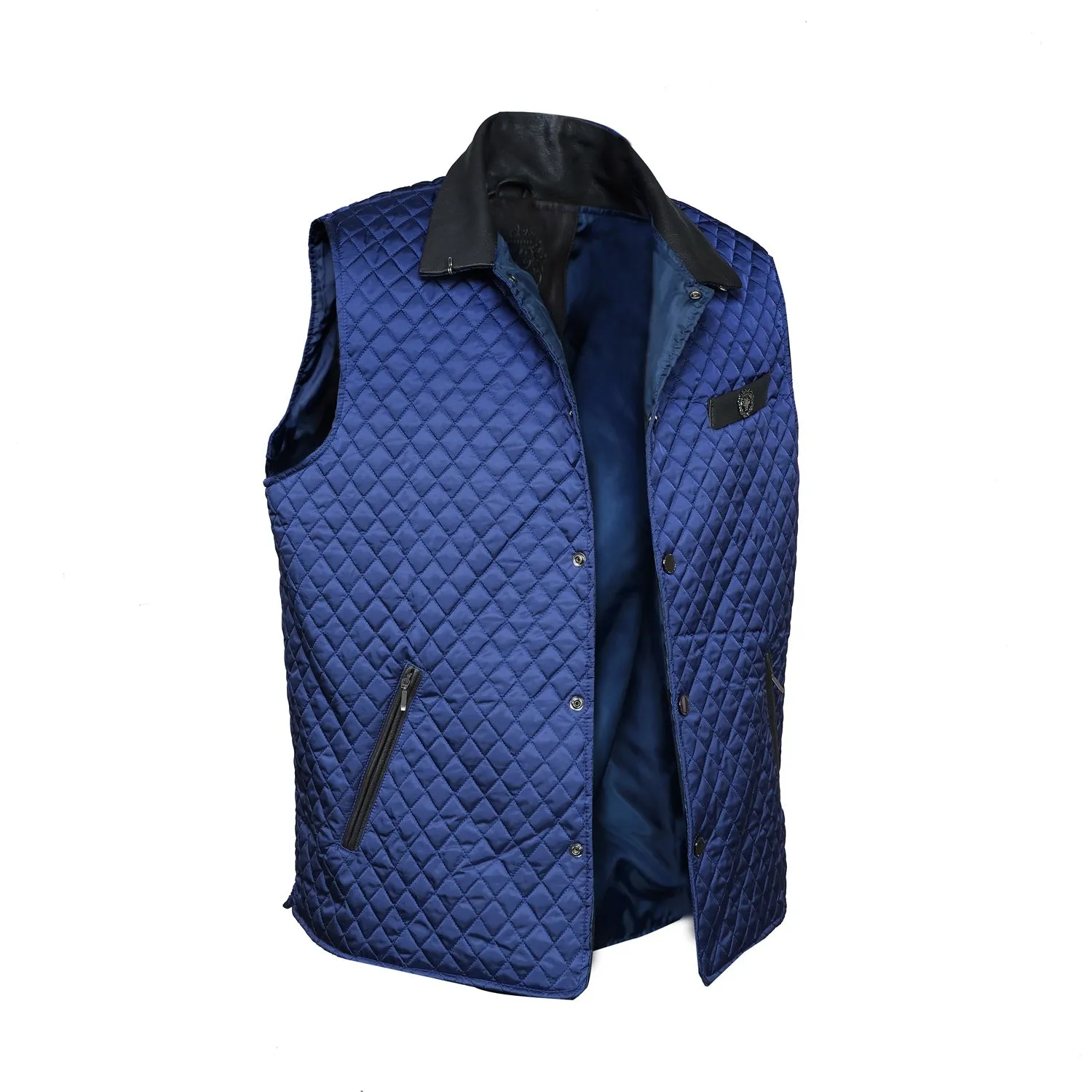 Blue Diamond Stitched Vest with Leather Trims