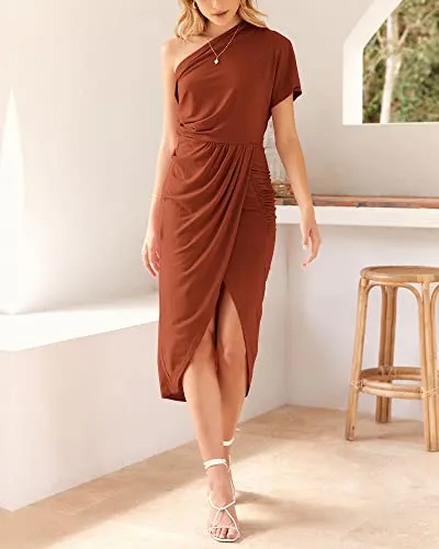 BTFBM Women One Shoulder Short Sleeve Ruched Casual Dresses Asymmetrical Wrap Front Split Cocktail Party Summer Midi Dress(Solid Brick Red, Large)