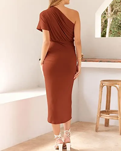 BTFBM Women One Shoulder Short Sleeve Ruched Casual Dresses Asymmetrical Wrap Front Split Cocktail Party Summer Midi Dress(Solid Brick Red, Large)