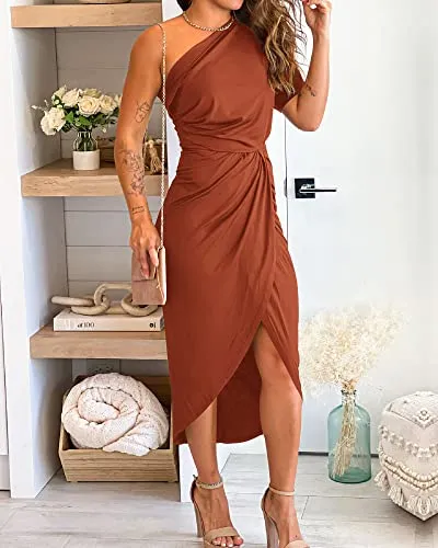 BTFBM Women One Shoulder Short Sleeve Ruched Casual Dresses Asymmetrical Wrap Front Split Cocktail Party Summer Midi Dress(Solid Brick Red, Large)