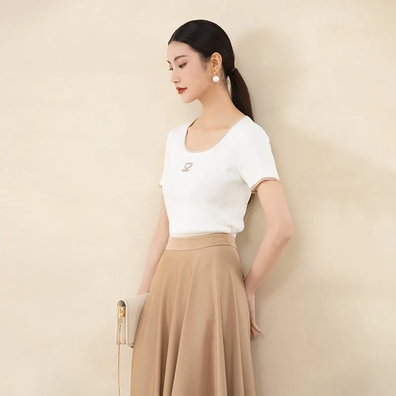 Camel Acetate Irregular Midi Skirt