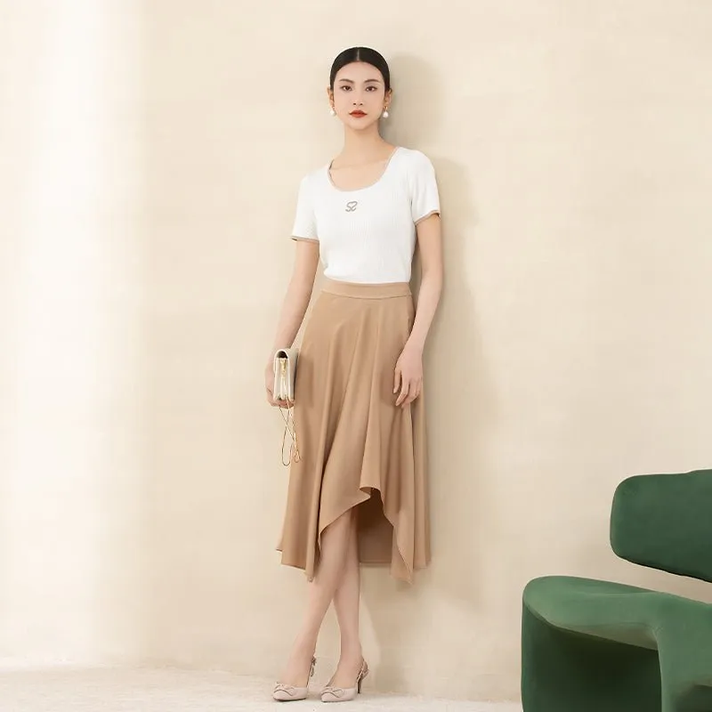 Camel Acetate Irregular Midi Skirt