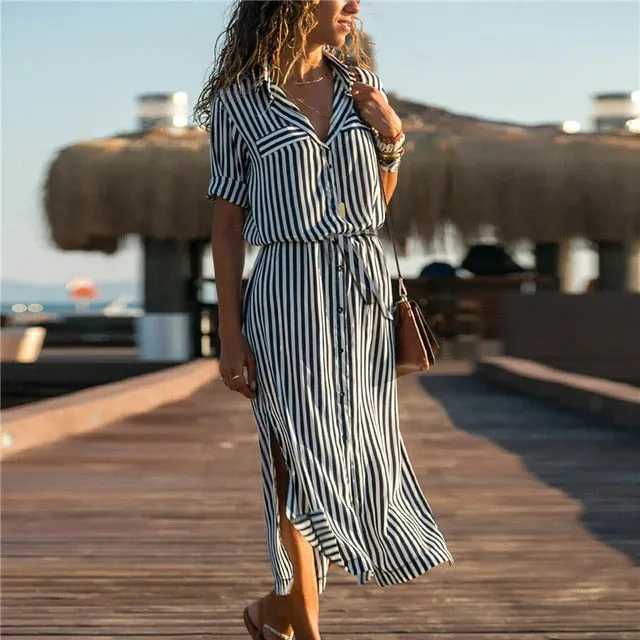 Casual Elegant Ladies' Stripe Print Shirt Dress With Turn Down Collar