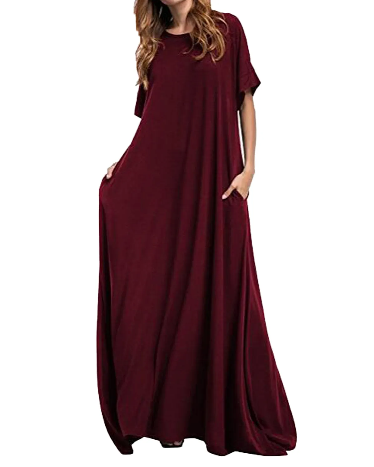 Casual Loose Women's Half Sleeve O-neck Solid Maxi Dress