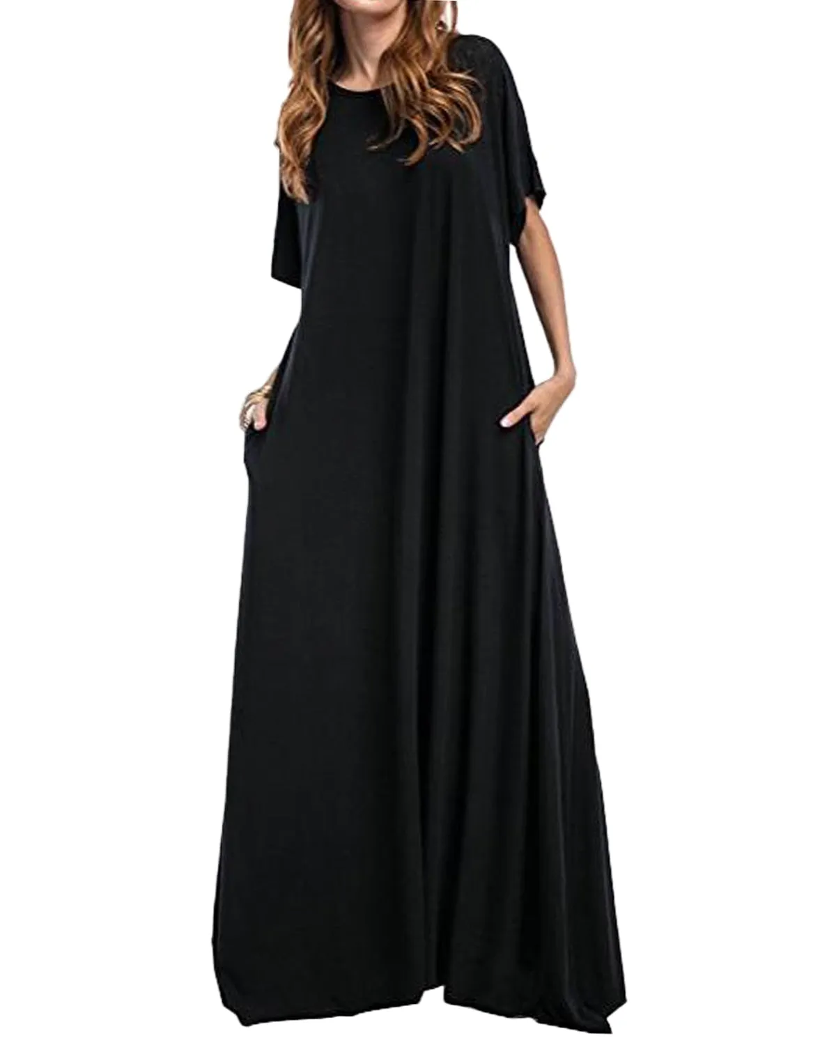 Casual Loose Women's Half Sleeve O-neck Solid Maxi Dress