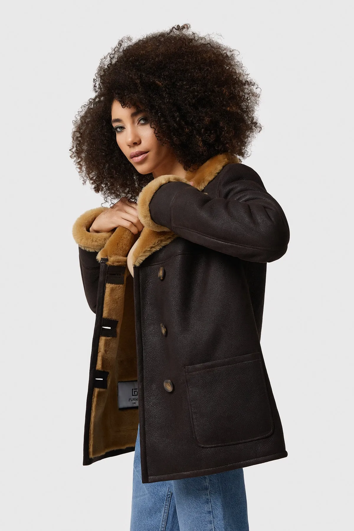 Chelsea Sheepskin Peacoat, Washed Brown with Ginger Wool