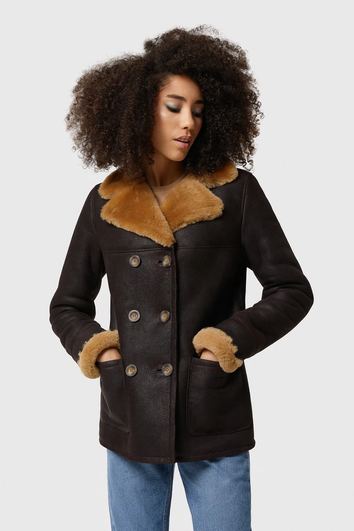 Chelsea Sheepskin Peacoat, Washed Brown with Ginger Wool