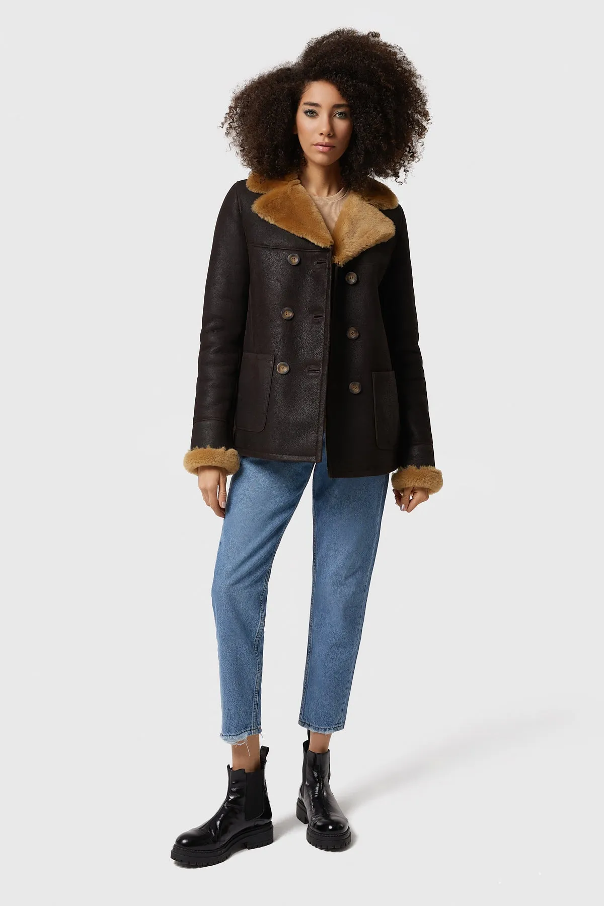 Chelsea Sheepskin Peacoat, Washed Brown with Ginger Wool