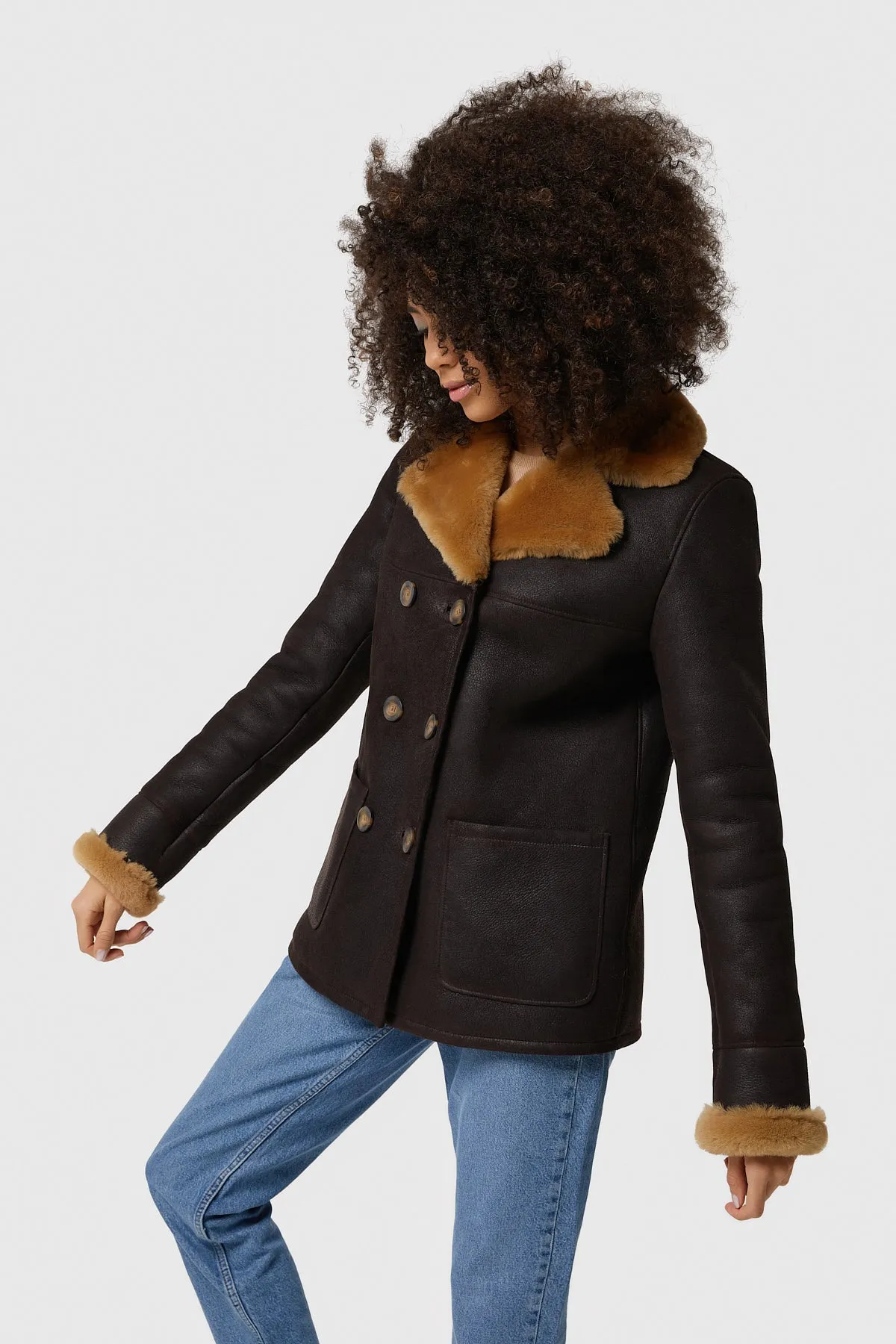 Chelsea Sheepskin Peacoat, Washed Brown with Ginger Wool