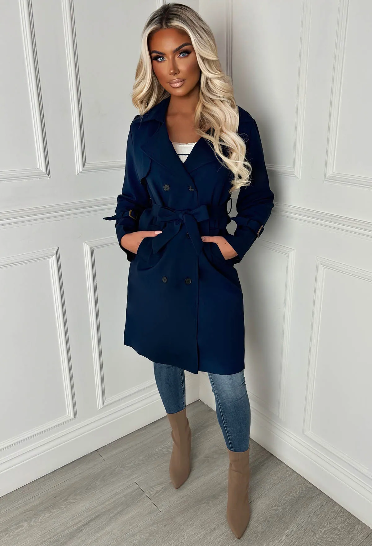 Chic Society Navy Belted Trench Coat