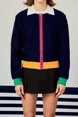 Colorblock Zip Up Cardigan (Navy Multi)