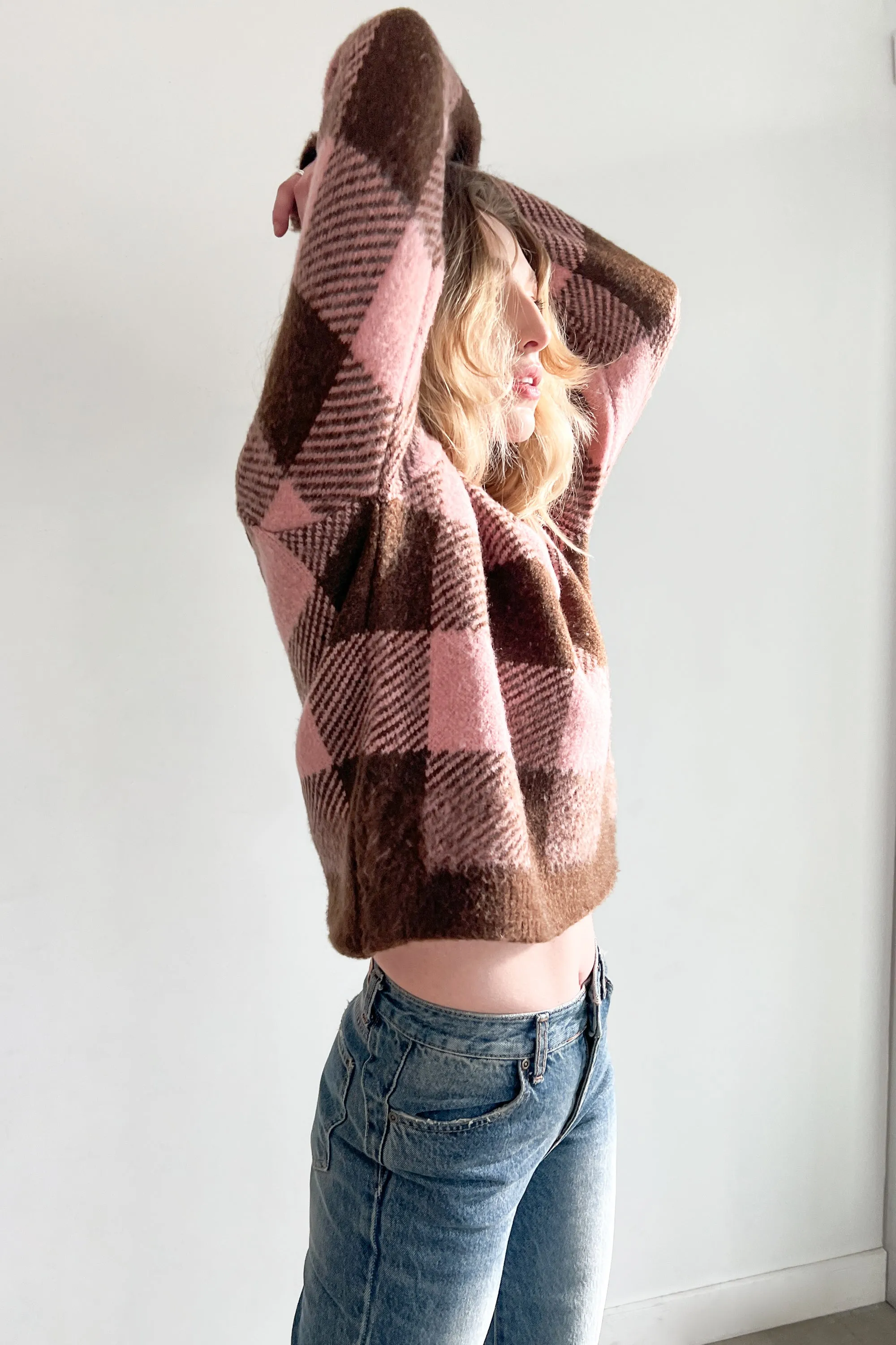 CROPPED CHECK PRINT SWEATER