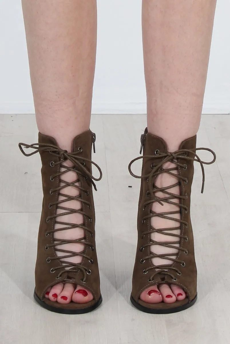 Don Khaki Lace Up Peep Toe Ankle Boots