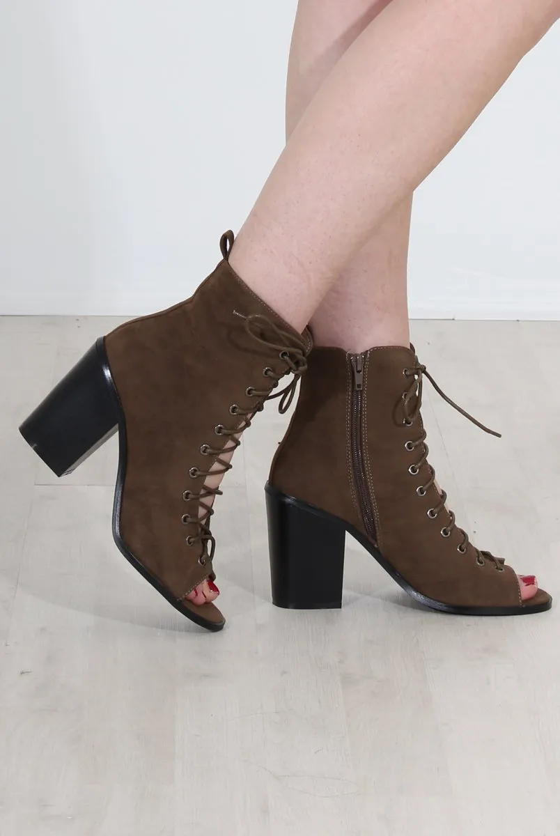 Don Khaki Lace Up Peep Toe Ankle Boots