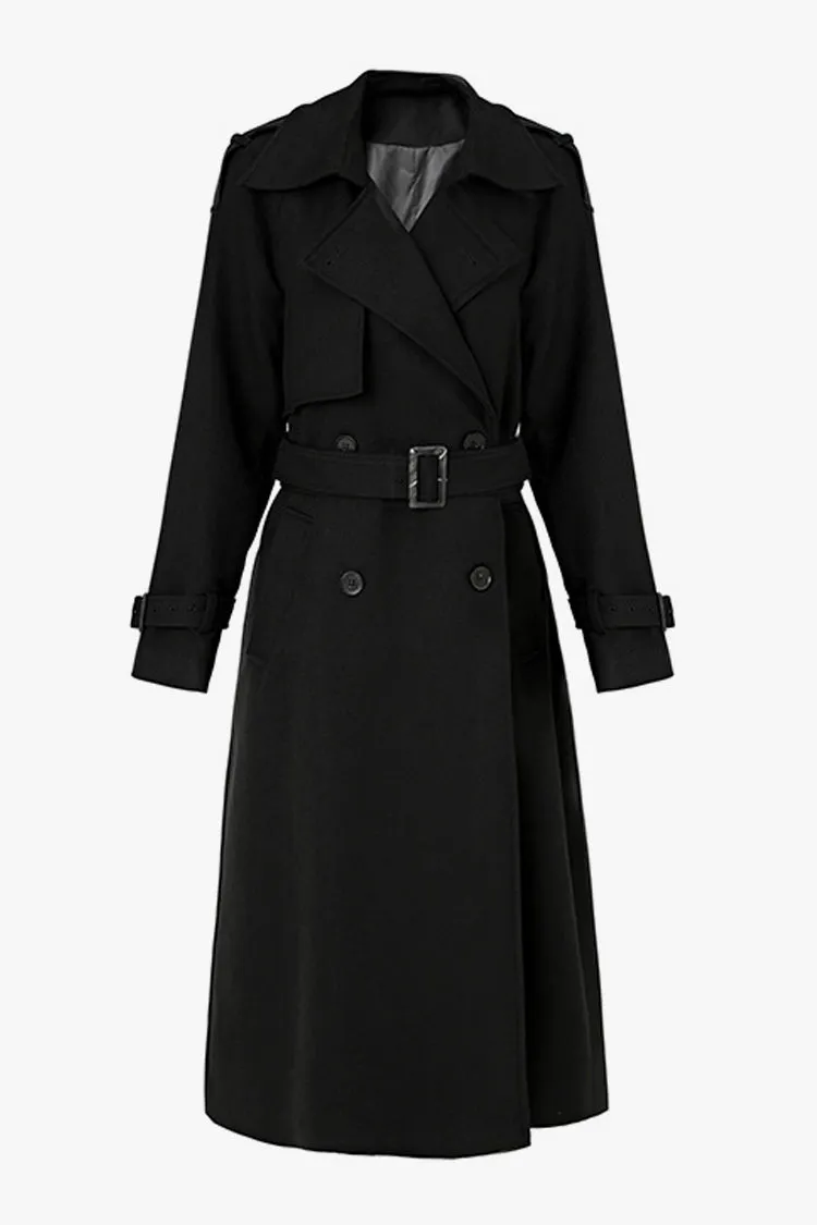 Elegant Collar Long Sleeve Double Breasted Wool Blend Belted Trench Coat