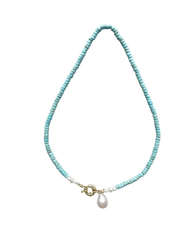 Elegant Green Copper Turquoise Pearl Pendant Necklace ML0250