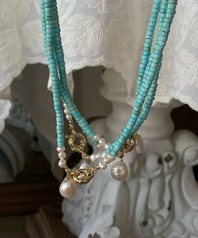 Elegant Green Copper Turquoise Pearl Pendant Necklace ML0250