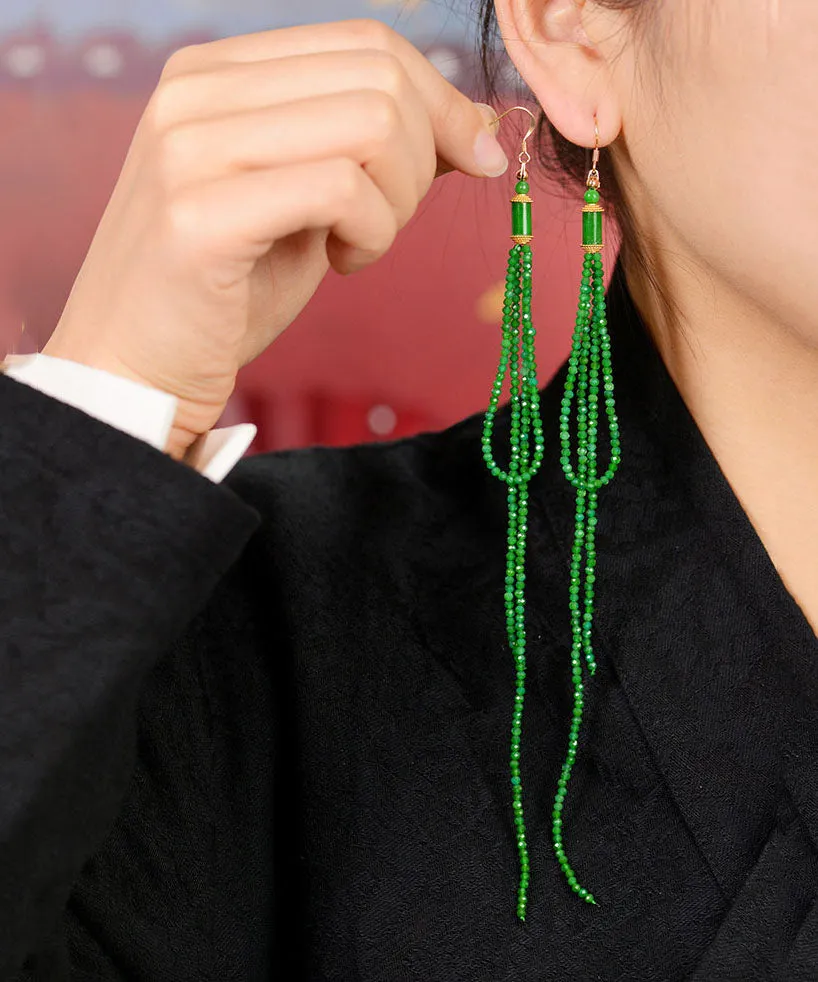 Elegant Green Silver Agate Jadeite Dry Green Tassel Drop Earrings FA225