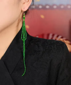 Elegant Green Silver Agate Jadeite Dry Green Tassel Drop Earrings FA225