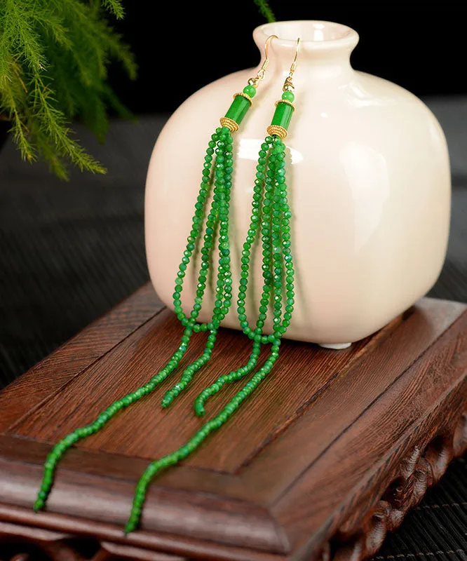 Elegant Green Silver Agate Jadeite Dry Green Tassel Drop Earrings FA225