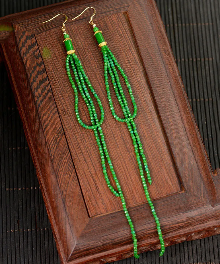 Elegant Green Silver Agate Jadeite Dry Green Tassel Drop Earrings FA225