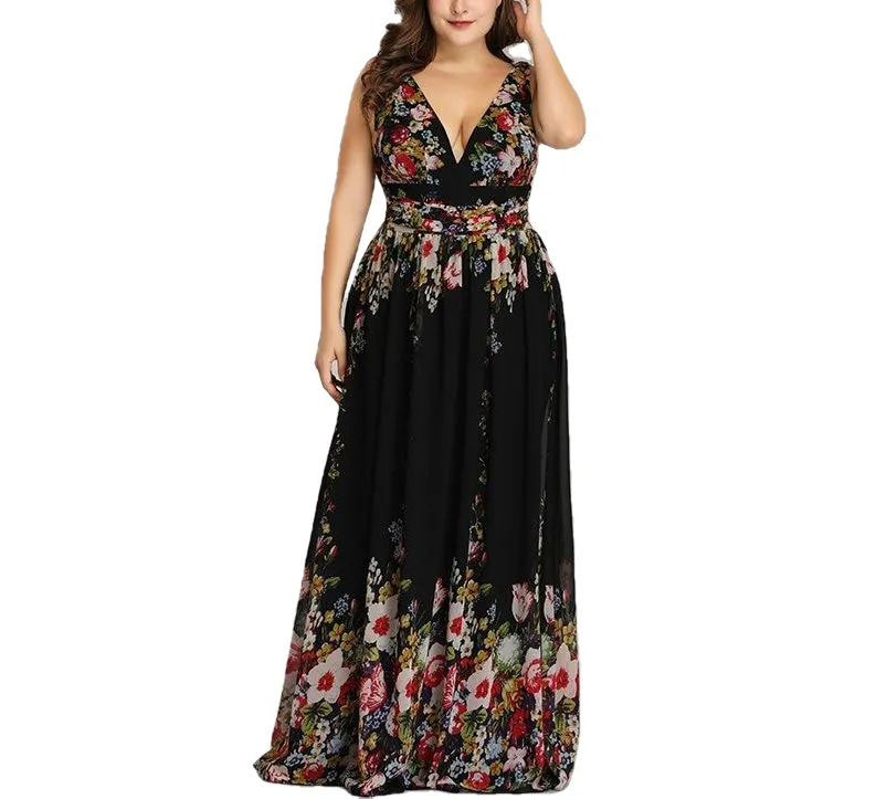 Elegant Printed A-Line V-Neck Chiffon Party Dress