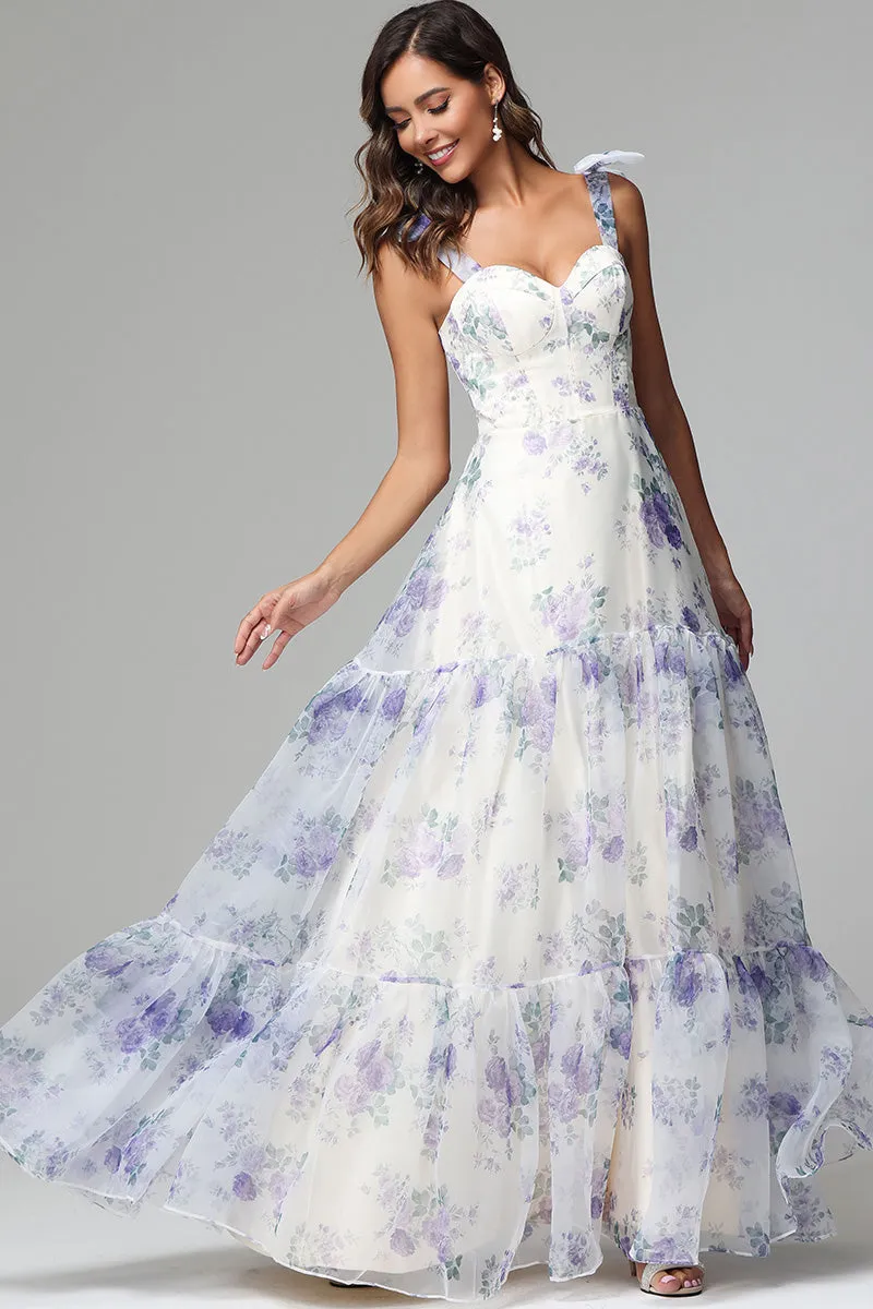 Elegant Straps Sweetheart Floral Printed Prom Dresses