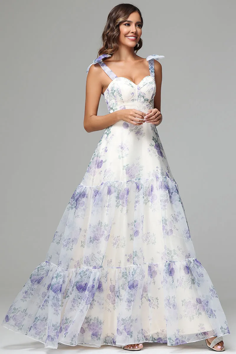 Elegant Straps Sweetheart Floral Printed Prom Dresses