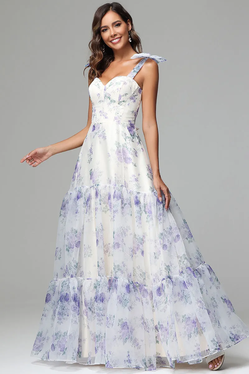 Elegant Straps Sweetheart Floral Printed Prom Dresses