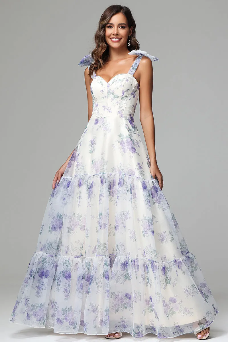 Elegant Straps Sweetheart Floral Printed Prom Dresses