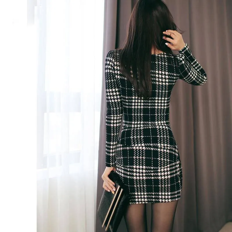 Elegant Vintage Plaid Long Sleeve Bodycon Office Dress