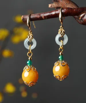 Elegant Yellow Sterling Silver Overgild Jade Drop Earrings LY9207