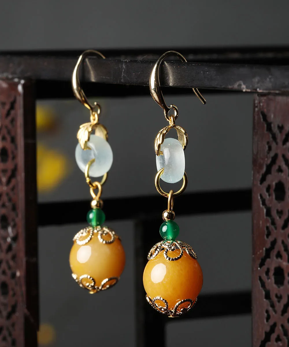 Elegant Yellow Sterling Silver Overgild Jade Drop Earrings LY9207