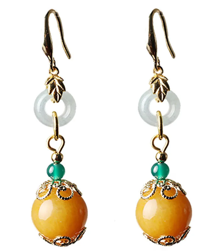 Elegant Yellow Sterling Silver Overgild Jade Drop Earrings LY9207