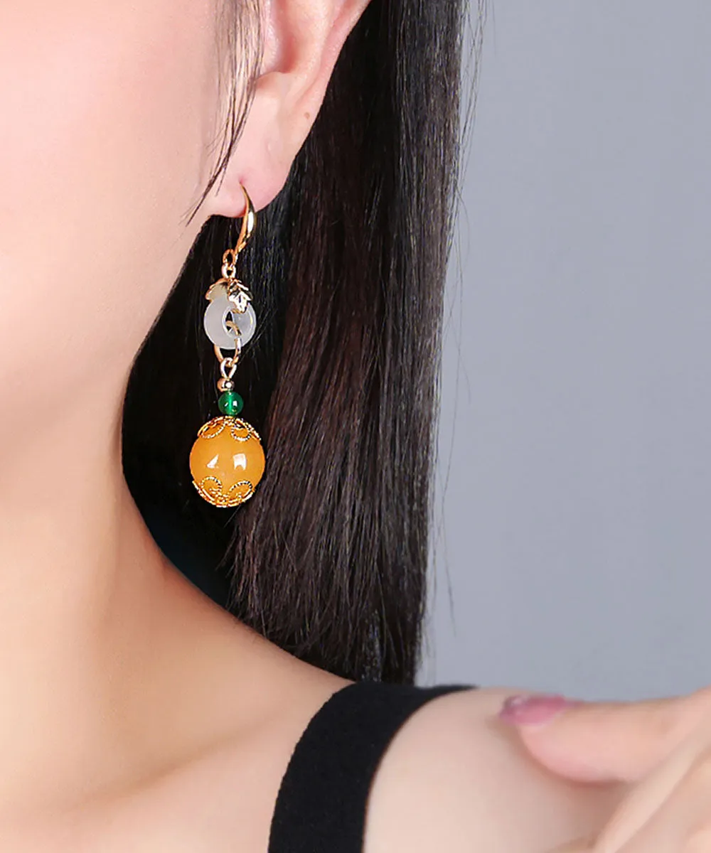 Elegant Yellow Sterling Silver Overgild Jade Drop Earrings LY9207