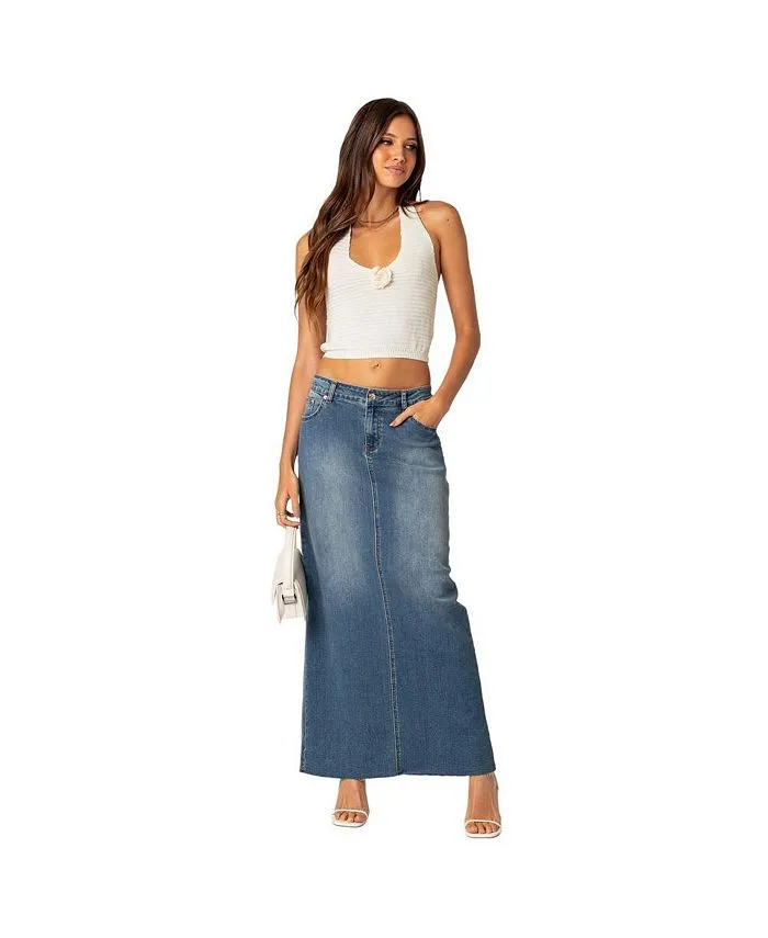 Elowyn Edikted Women's Split Denim Maxi Skirt, Blue