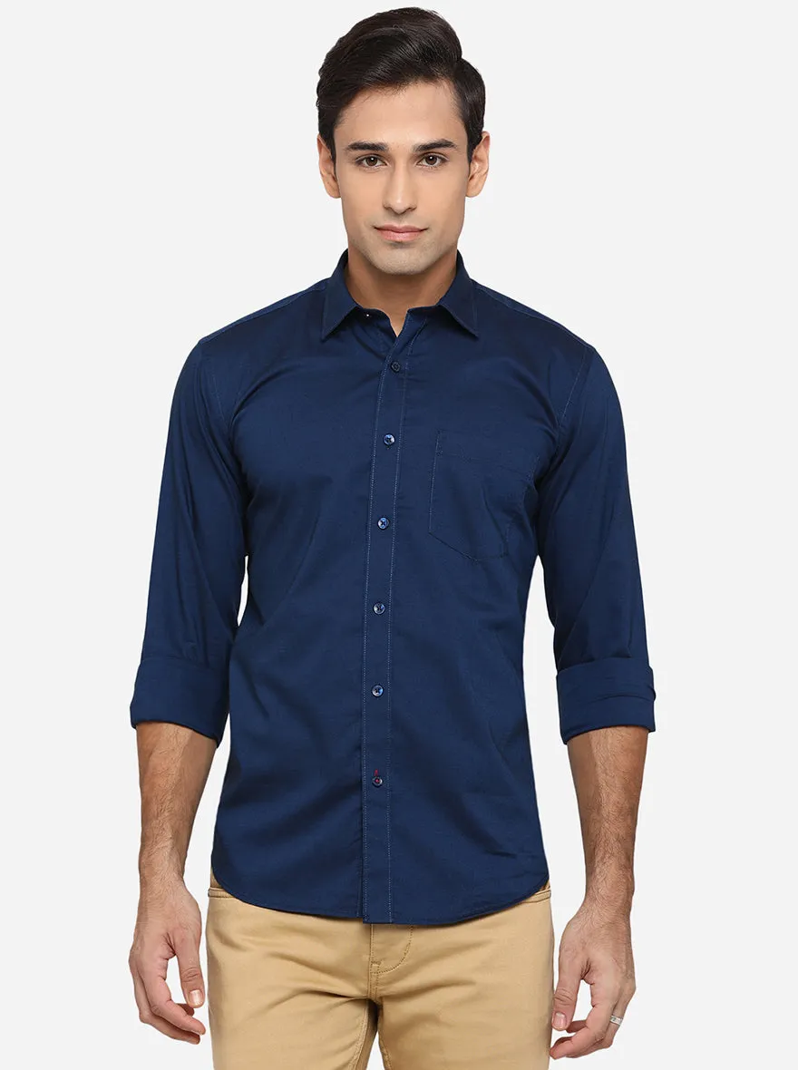 Ensign Blue Solid Slim Fit Casual Shirt | JadeBlue