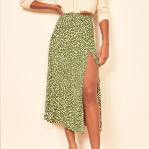 Fashion Vintage Skirt Flower Polka Dot Print High Waist Stretch Split