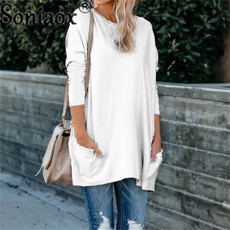 Fashionkova   Autumn Winter Fashion O Neck Pocket Solid Women's T Shirts Tops Casual Long Sleeve Loose Ladies Street T Shirts