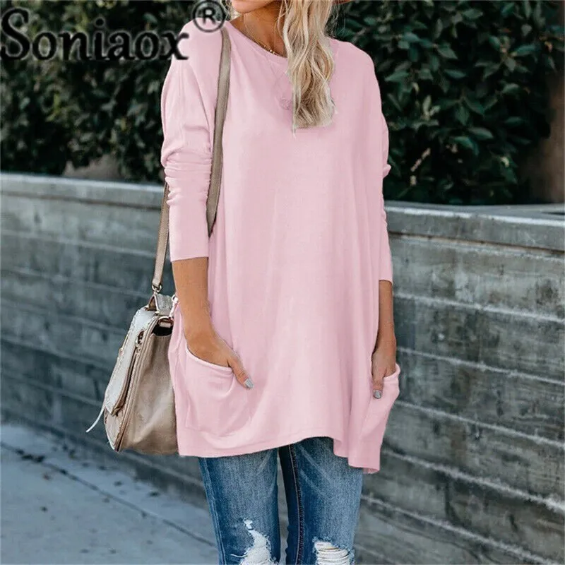 Fashionkova   Autumn Winter Fashion O Neck Pocket Solid Women's T Shirts Tops Casual Long Sleeve Loose Ladies Street T Shirts