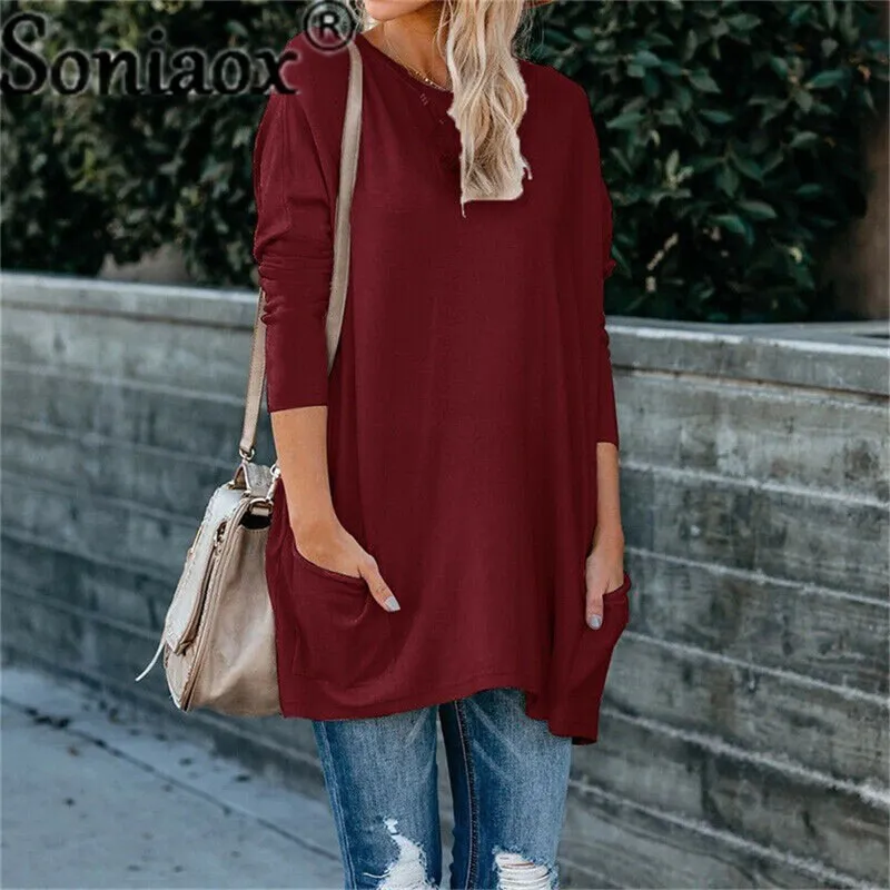 Fashionkova   Autumn Winter Fashion O Neck Pocket Solid Women's T Shirts Tops Casual Long Sleeve Loose Ladies Street T Shirts