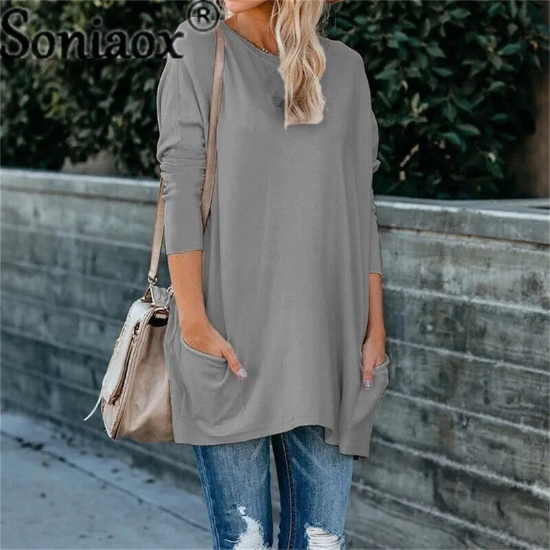 Fashionkova   Autumn Winter Fashion O Neck Pocket Solid Women's T Shirts Tops Casual Long Sleeve Loose Ladies Street T Shirts