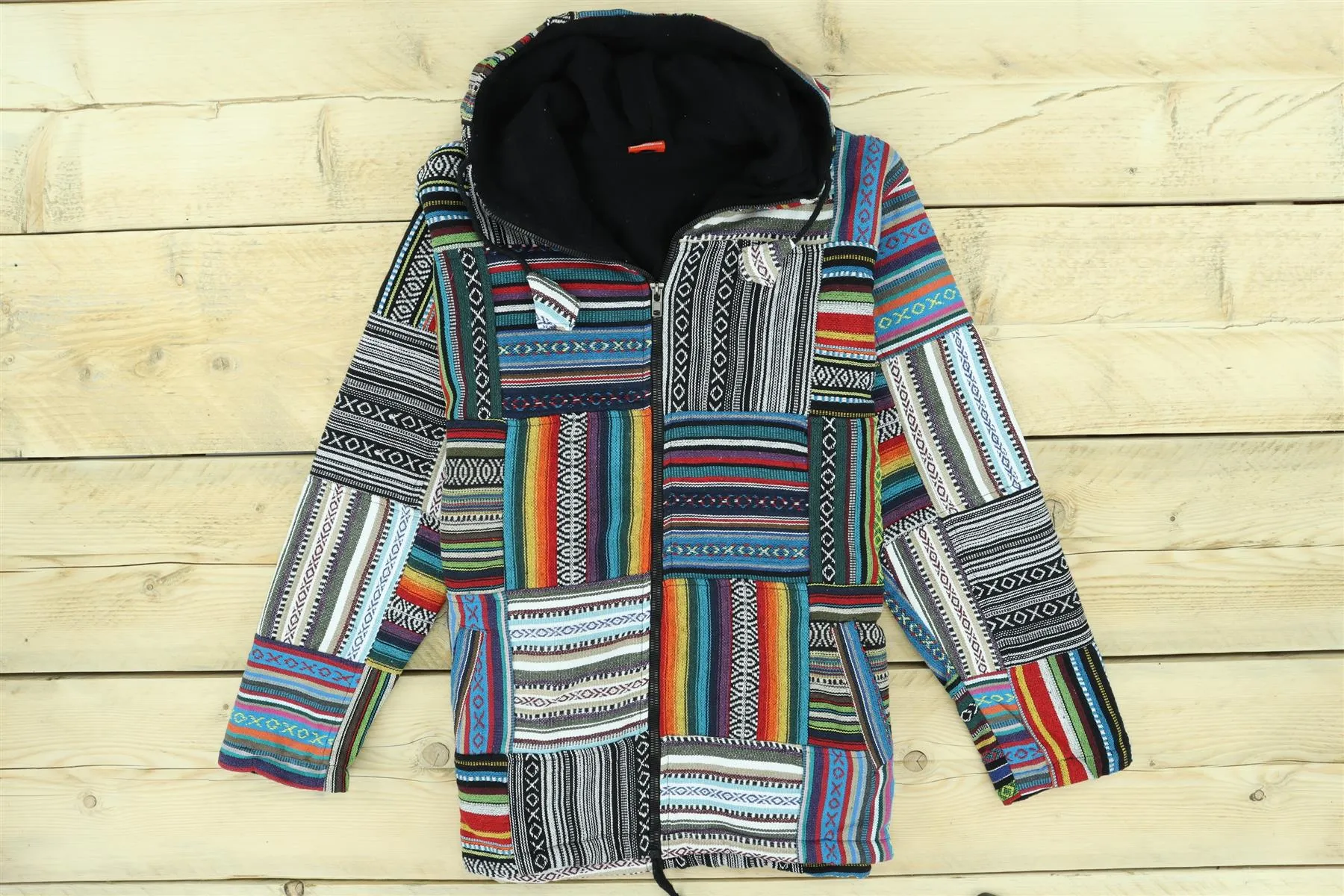 Fleece Lined Gheri Cotton Hooded Jacket Cardigan - Patchwork Non-Brushed