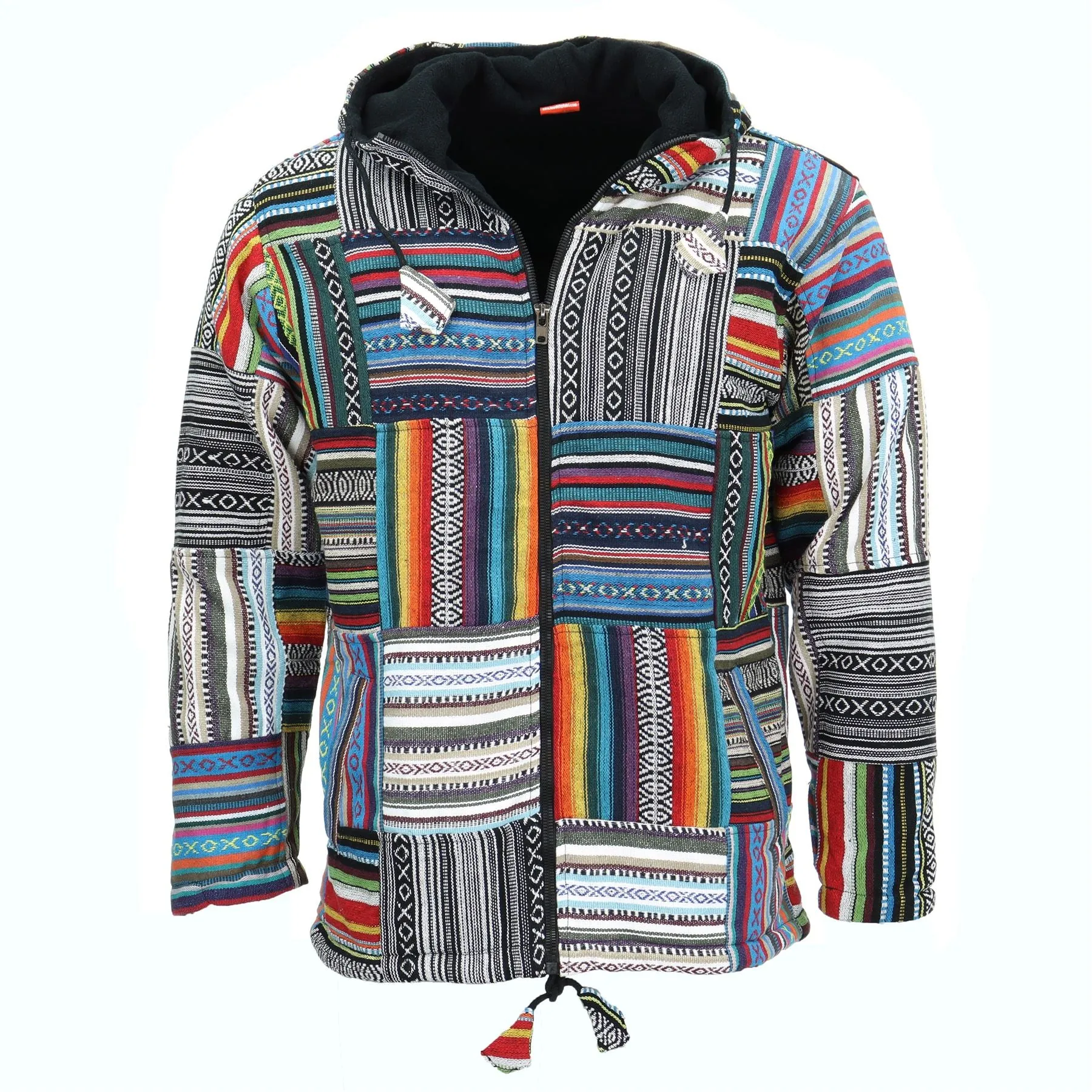 Fleece Lined Gheri Cotton Hooded Jacket Cardigan - Patchwork Non-Brushed